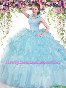 New Arrival Baby Blue Ball Gown Prom Dress Military Ball and Sweet 16 and Quinceanera and For withBeading and Ruffled Layers High-neck Sleeveless Backless