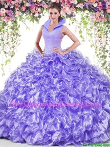 Pretty Lavender Ball Gowns Beading and Ruffles Ball Gown Prom Dress Backless Organza Sleeveless Floor Length