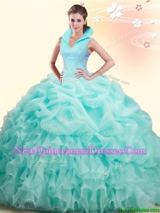 Glittering Organza High-neck Sleeveless Brush Train Backless Beading and Ruffles and Pick Ups Quinceanera Dress inApple Green