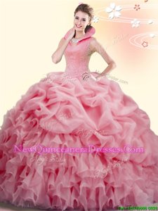 Custom Designed Pick Ups Watermelon Red Quinceanera Dress High-neck Sleeveless Brush Train Backless