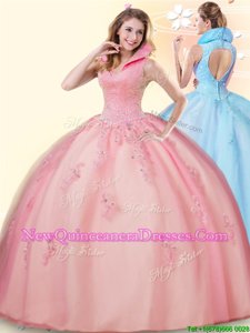 Hot Selling Pink Ball Gowns High-neck Sleeveless Tulle Floor Length Backless Beading and Appliques Sweet 16 Quinceanera Dress