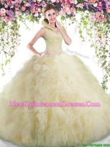 Custom Designed Light Yellow High-neck Backless Beading and Ruffles Sweet 16 Dress Sleeveless