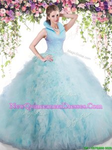 Flirting Sleeveless Tulle Floor Length Backless Vestidos de Quinceanera inBaby Blue withBeading and Ruffles