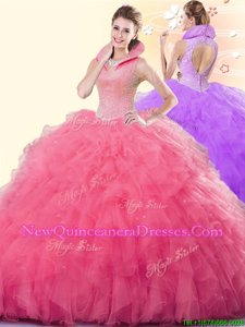 Fancy Rose Pink Ball Gowns Tulle High-neck Sleeveless Beading and Ruffles Floor Length Backless 15th Birthday Dress