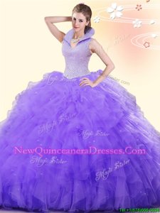 Dynamic Lavender Backless Ball Gown Prom Dress Beading and Ruffles Sleeveless Floor Length