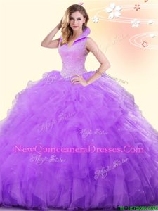 Lovely Ball Gowns Quinceanera Dress Lavender High-neck Tulle Sleeveless Floor Length Backless