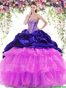 Low Price Royal Blue and Lilac Ball Gowns Sweetheart Sleeveless Organza and Taffeta With Brush Train Lace Up Beading and Ruffled Layers and Pick Ups Quinceanera Dress