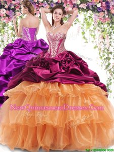 Fashion Fuchsia and Orange Sweetheart Lace Up Beading and Ruffled Layers and Pick Ups Quince Ball Gowns Brush Train Sleeveless