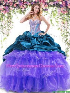 Fantastic Teal and Lavender Sleeveless Brush Train Beading and Ruffled Layers and Pick Ups With Train Quinceanera Dress