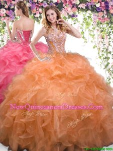 Shining Orange Sweetheart Neckline Beading and Ruffles Sweet 16 Dress Sleeveless Lace Up