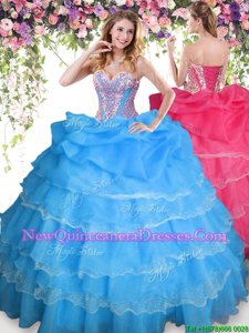 Eye-catching Baby Blue Ball Gowns Organza Sweetheart Sleeveless Beading and Ruffled Layers and Pick Ups Floor Length Lace Up Quinceanera Dress