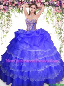 Blue Organza Lace Up Quinceanera Gown Sleeveless Floor Length Beading and Ruffled Layers and Pick Ups