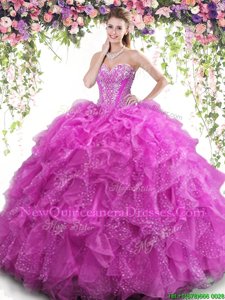 Elegant Fuchsia Ball Gowns Sweetheart Sleeveless Organza Floor Length Lace Up Beading and Ruffles Ball Gown Prom Dress