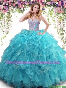 Aqua Blue Sleeveless Beading and Ruffles Floor Length Vestidos de Quinceanera