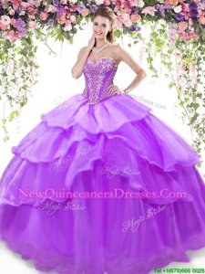 Enchanting Floor Length Lace Up Quinceanera Gowns Lavender and In for Military Ball and Sweet 16 and Quinceanera withBeading and Ruffled Layers