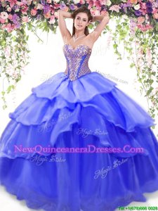 Custom Made Sleeveless Floor Length Beading and Ruffled Layers Lace Up Quinceanera Gowns with Blue