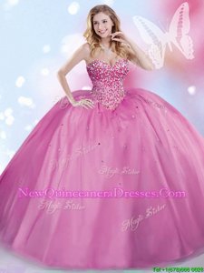 Traditional Lilac Ball Gowns Sweetheart Sleeveless Tulle Floor Length Lace Up Beading Quinceanera Gown