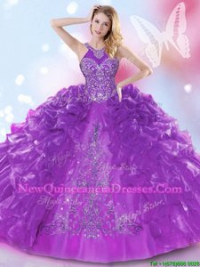 Decent Halter Top Purple Sleeveless Appliques and Ruffled Layers Floor Length Sweet 16 Dresses