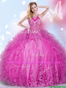 Luxury Halter Top Sleeveless Floor Length Beading and Appliques and Ruffles Lace Up Sweet 16 Dress with Hot Pink