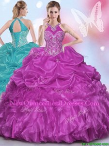 Ideal Pick Ups Ball Gowns Sweet 16 Dresses Fuchsia Halter Top Organza Sleeveless Floor Length Lace Up