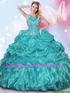 Latest Teal and Turquoise Halter Top Neckline Appliques and Ruffles and Pick Ups Quinceanera Dresses Sleeveless Lace Up