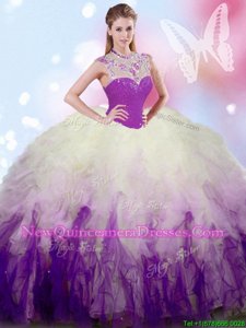 Exceptional White And Purple Ball Gowns Beading and Ruffles Quinceanera Gown Zipper Tulle Sleeveless Floor Length