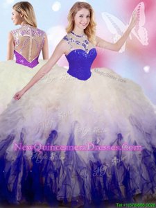 High End White and Purple High-neck Zipper Beading and Ruffles 15 Quinceanera Dress Sleeveless