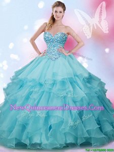 Elegant Blue Organza Lace Up Sweetheart Sleeveless Floor Length 15 Quinceanera Dress Beading and Ruffles