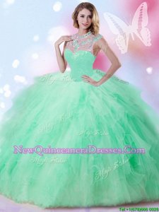 Gorgeous High-neck Sleeveless Tulle Sweet 16 Dresses Beading and Ruffles and Sequins Zipper