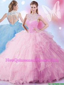 New Style Sleeveless Floor Length Beading and Ruffles and Sequins Zipper Quinceanera Gown with Lilac