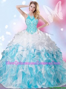 Suitable Halter Top Sleeveless Lace Up Floor Length Beading and Ruffles and Pick Ups Quinceanera Gowns