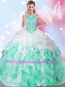 High Class Halter Top Sleeveless Organza Floor Length Lace Up Sweet 16 Dresses in White and Green withBeading and Ruffles and Pick Ups