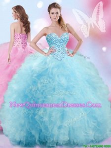 Clearance Floor Length Baby Blue 15 Quinceanera Dress Tulle Sleeveless Spring and Summer and Fall and Winter Beading and Ruffles