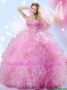 Dynamic Ball Gowns Quince Ball Gowns Rose Pink Sweetheart Tulle Sleeveless Floor Length Lace Up