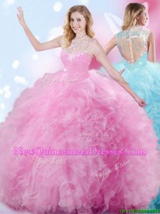 Sophisticated Rose Pink High-neck Zipper Beading and Ruffles and Pick Ups Quinceanera Gown Sleeveless