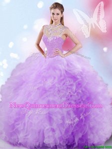 Beauteous Lavender Ball Gowns Beading and Ruffles and Sequins Quinceanera Gown Zipper Tulle Sleeveless Floor Length