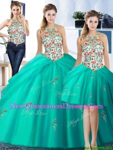 Luxury Three Piece Halter Top Turquoise Tulle Lace Up Quinceanera Gown Sleeveless Floor Length Embroidery and Pick Ups