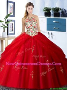 Comfortable Halter Top Sleeveless Tulle Floor Length Lace Up 15th Birthday Dress inRed withEmbroidery and Pick Ups