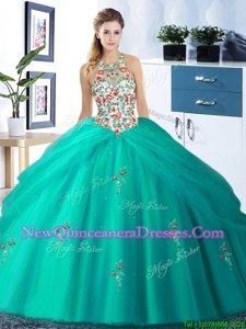 Popular Halter Top Sleeveless Floor Length Embroidery and Pick Ups Lace Up Vestidos de Quinceanera with Turquoise