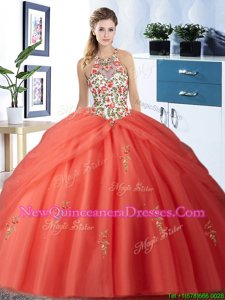 Hot Selling Pick Ups Ball Gowns Sweet 16 Quinceanera Dress Watermelon Red Halter Top Tulle Sleeveless Floor Length Lace Up