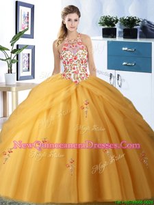 Attractive Pick Ups Halter Top Sleeveless Lace Up Sweet 16 Dresses Gold Tulle