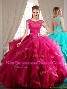 Wonderful Hot Pink Scoop Lace Up Beading and Appliques and Ruffles Sweet 16 Dresses Brush Train Cap Sleeves