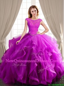 Custom Designed Scoop Cap Sleeves Brush Train Lace Up With Train Beading and Appliques and Ruffles Quinceanera Dresses