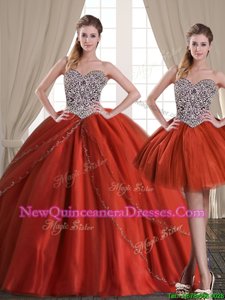 Best Three Piece Rust Red Ball Gowns Tulle Sweetheart Sleeveless Beading With Train Lace Up Quinceanera Dress Brush Train