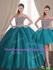 Three Piece Sweetheart Sleeveless Quinceanera Dresses With Brush Train Beading Teal Tulle