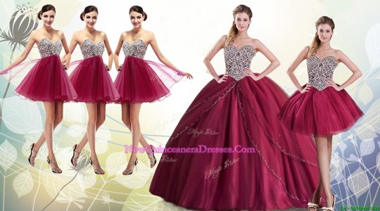 Stylish Sleeveless Tulle With Brush Train Lace Up Quinceanera Dress inBurgundy withBeading