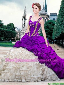 Nice White And Purple Straps Neckline Beading and Ruffles and Pick Ups Sweet 16 Quinceanera Dress Sleeveless Lace Up