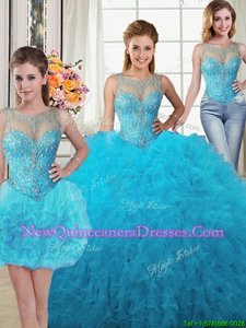 Cute Three Piece Floor Length Baby Blue 15 Quinceanera Dress Scoop Sleeveless Lace Up