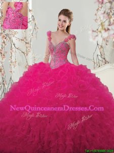 Simple Hot Pink Straps Lace Up Beading and Ruffles and Hand Made Flower 15 Quinceanera Dress Sleeveless