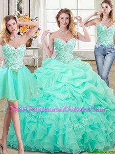 Artistic Three Piece Apple Green Sweetheart Lace Up Beading and Ruffles and Pick Ups Quinceanera Dresses Sleeveless